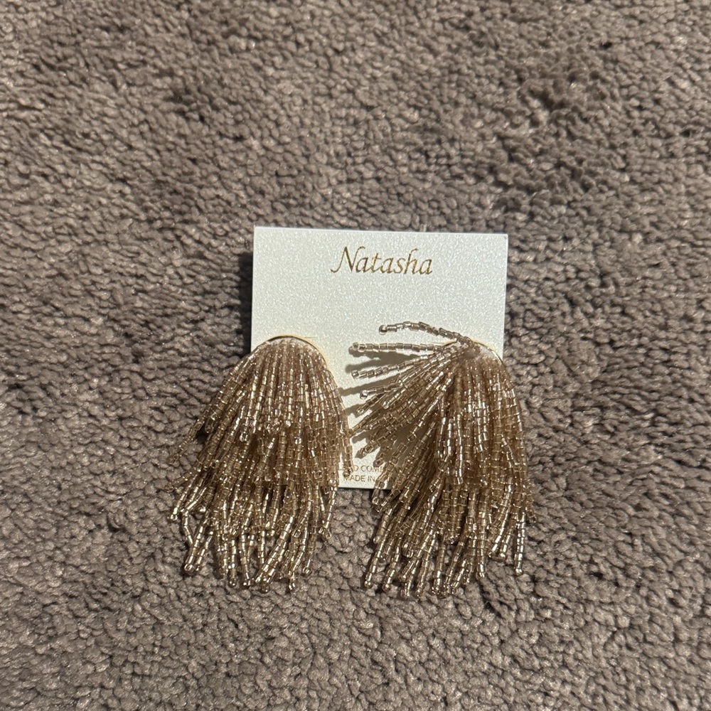 Natasha Couture Gold Beaded Tassel Earrings